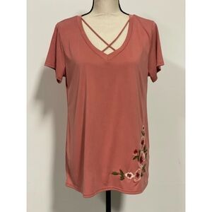 alya Floral Embroidered V-Neck Short Sleeve T-Shirt Pink Size M